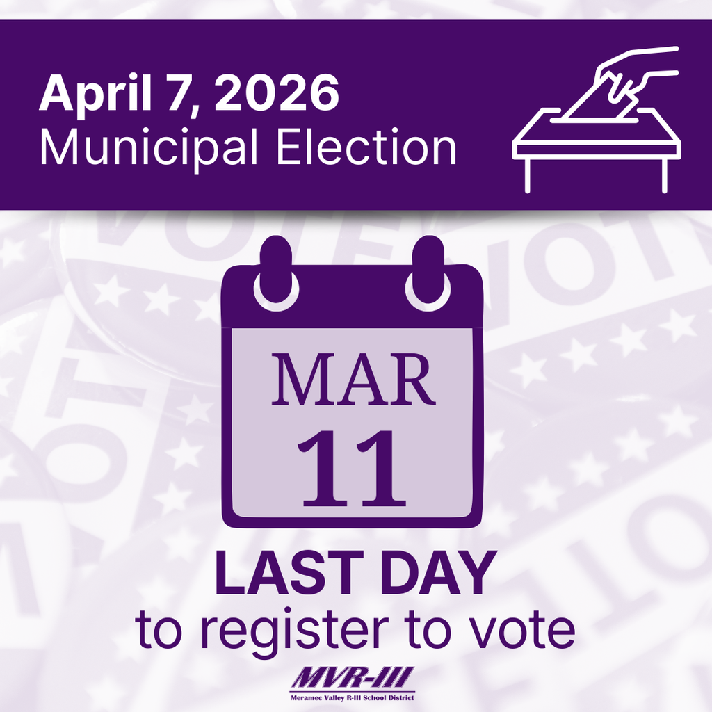Municipal Election notice for April 7, 2026; March 11 marked as last day to register to vote, with ballot icon and MVR-III logo.