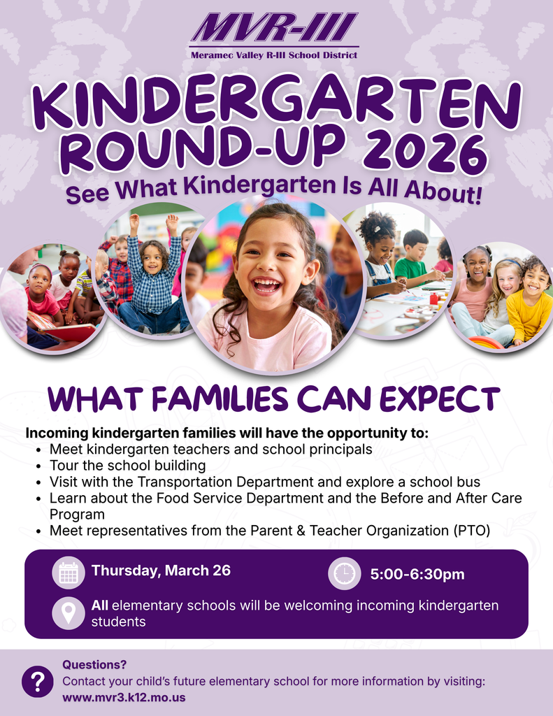 Meramec Valley R-III Kindergarten Round-Up 2026 with photos of smiling children; event March 26, 5–6:30 pm.