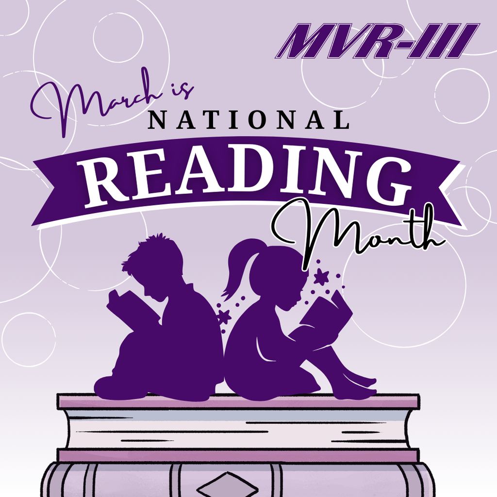 March is national reading month with children reading books purple icon.