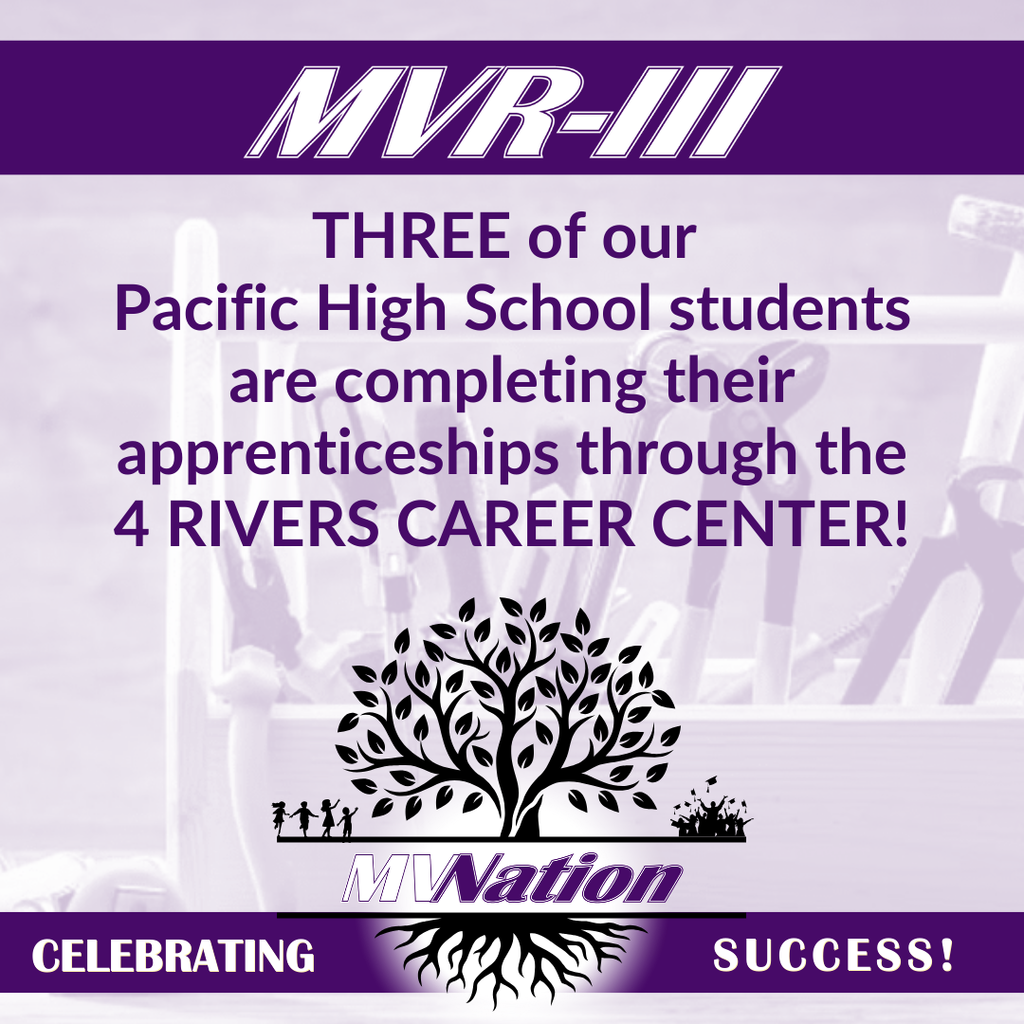Promotional poster with purple accents announcing Pacific High students completing apprenticeships at 4 Rivers Career Center, “Celebrating Success.”