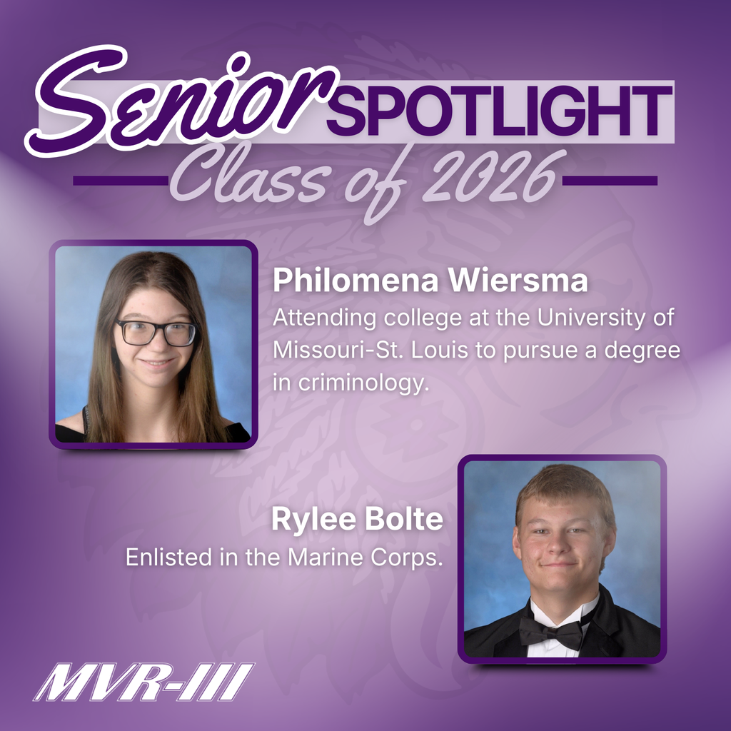 Senior Spotlights Class of 2026 purple background with spotlight on two senior headshots.