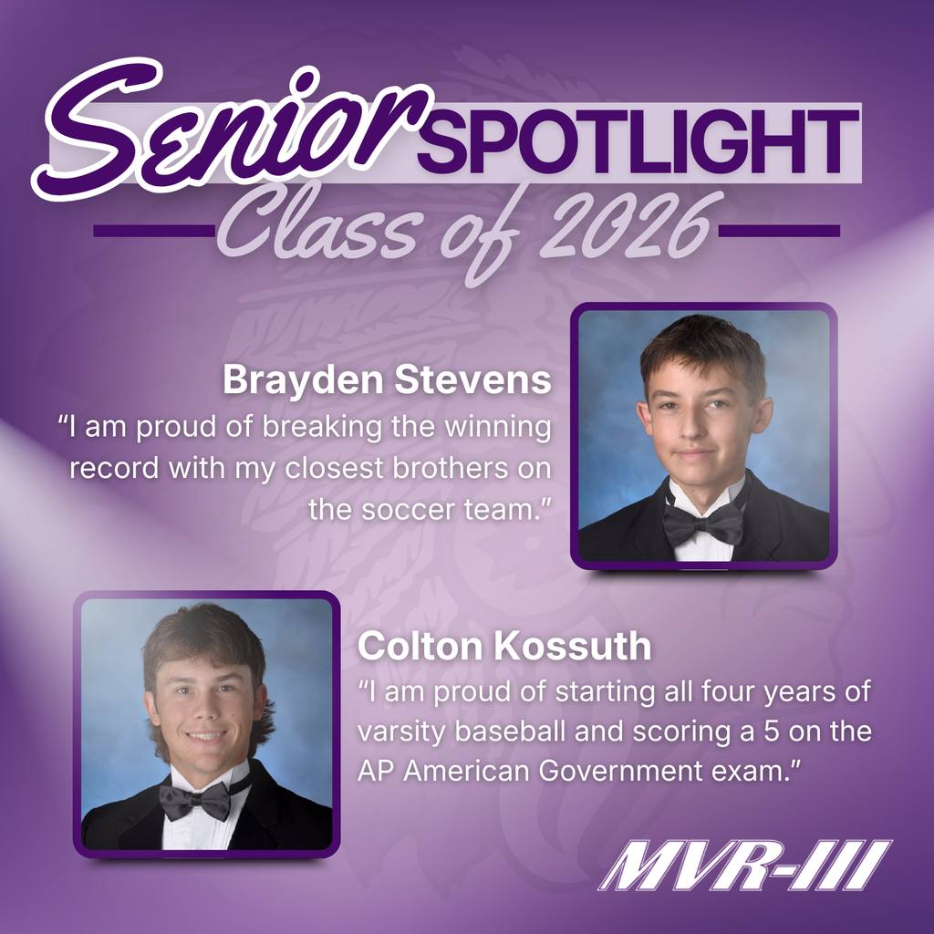 Senior Spotlight Class of 2026 featuring portraits of two seniors with quotes.