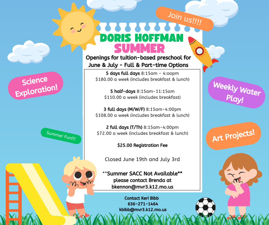 Colorful preschool summer flyer with sun, kids, and slide, listing June–July sessions, prices, activities, and contact information.