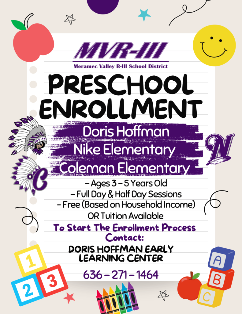 MVR-III preschool enrollment with playful icons, listing schools, ages 3–5, session options, and contact phone number.