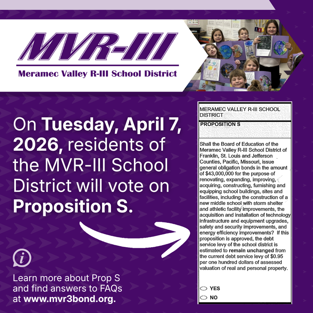 Meramec Valley R-III School District announcing April 7, 2026 vote on Proposition S, with student photo and bond details.