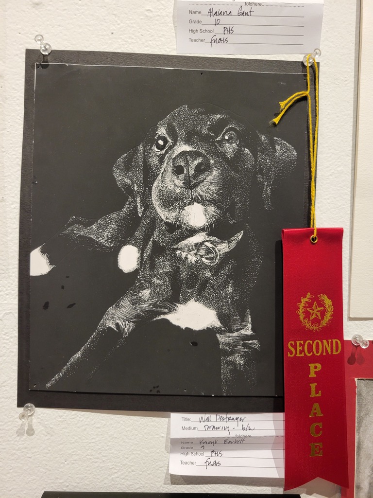 A piece of art displayed on a wall with a red second place ribbon attached to it.