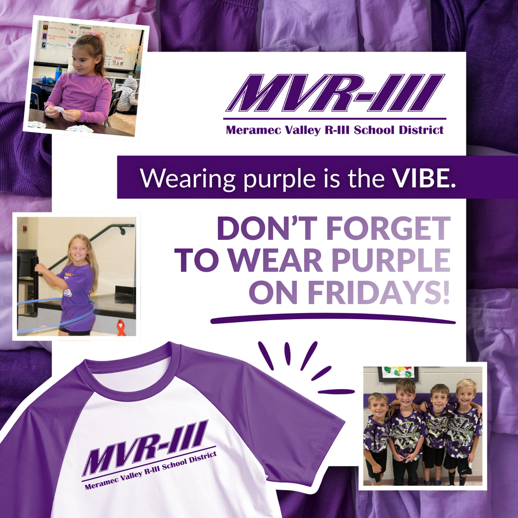Wearing purple is the vibe with the MVR-III logo, a t-shirt with the logo, and various photos with students wearing purple.
