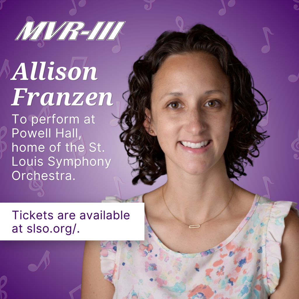 MVR-III logo with staff member portrait, Allison Franzen, to perform at Powell Hall information.