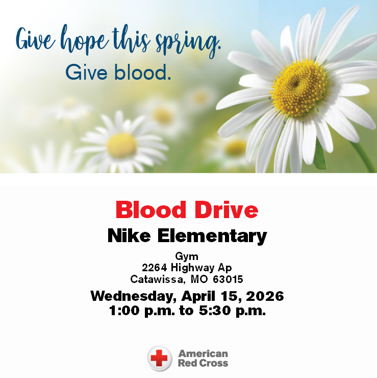 Give hope this spring, give blood with information on blood drive, American Red Cross logo, and a white flower.
