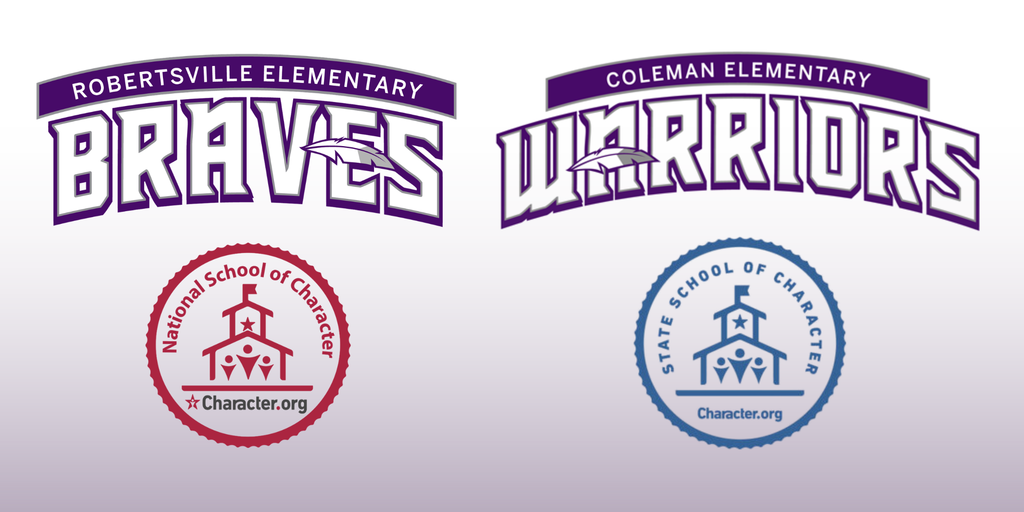 Robertsville and Coleman Elementary logos with school of characters logos below.