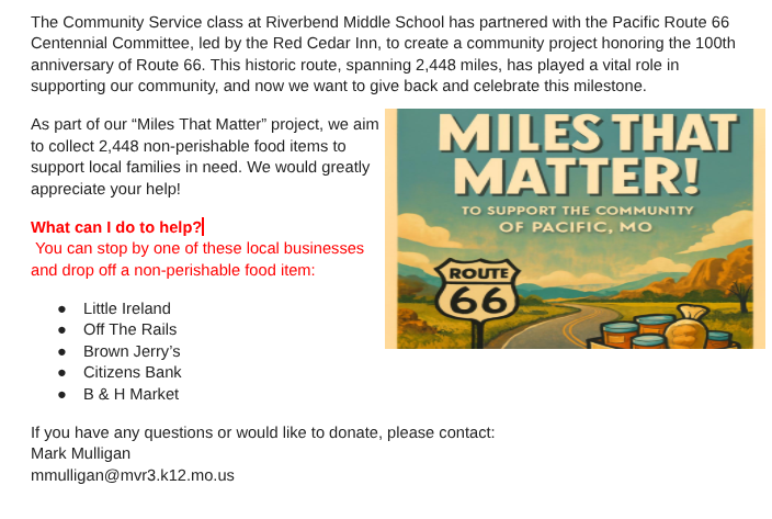 Route 66 “Miles That Matter” food drive, with road graphic, donation details, and local drop-off locations listed.