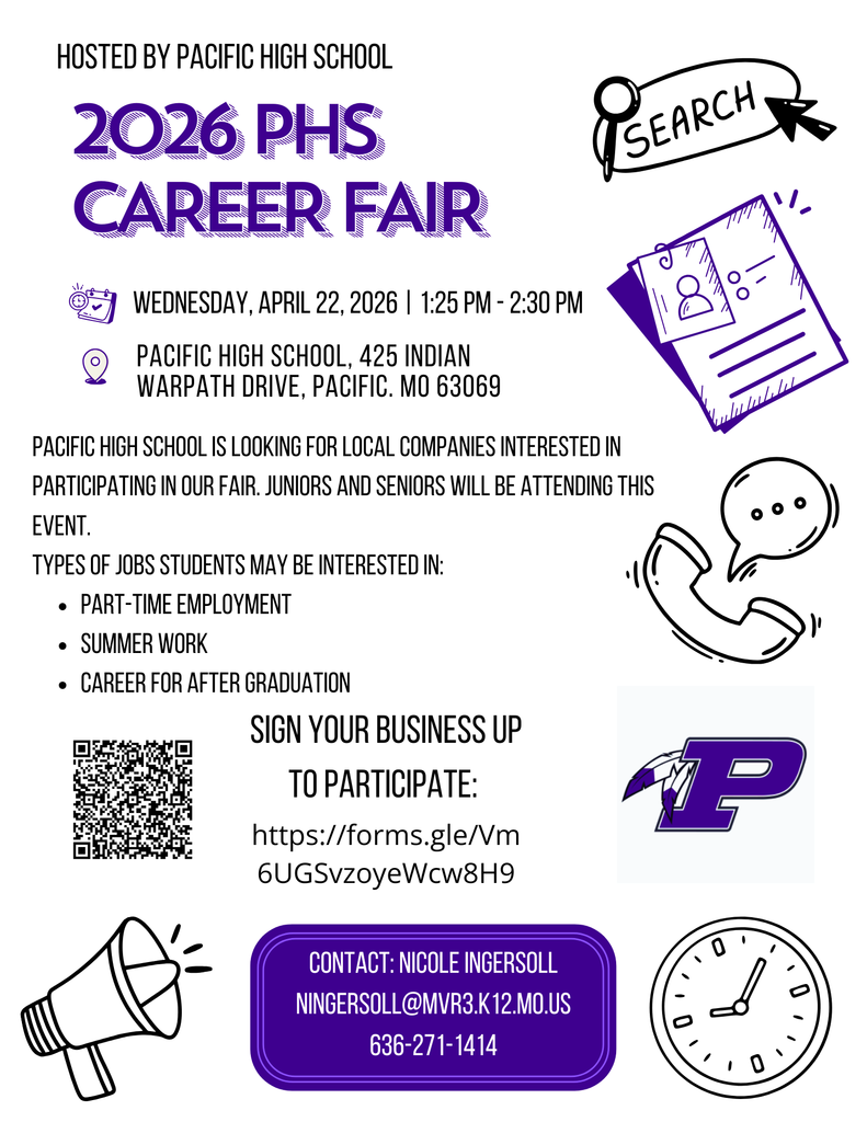Pacific High School Career Fair on April 22, 2026 with information and time icons.
