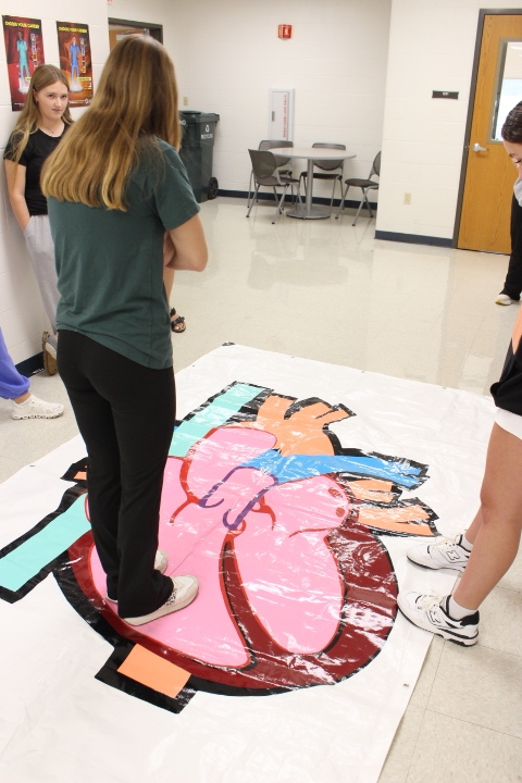 Three students observing a heart poster on the ground.
