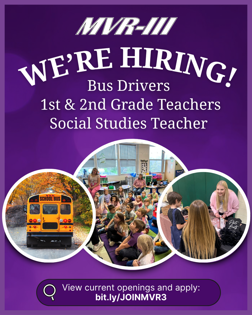 “MVR-III We’re Hiring!” for bus drivers and teachers, with photos of a school bus and classroom scenes.