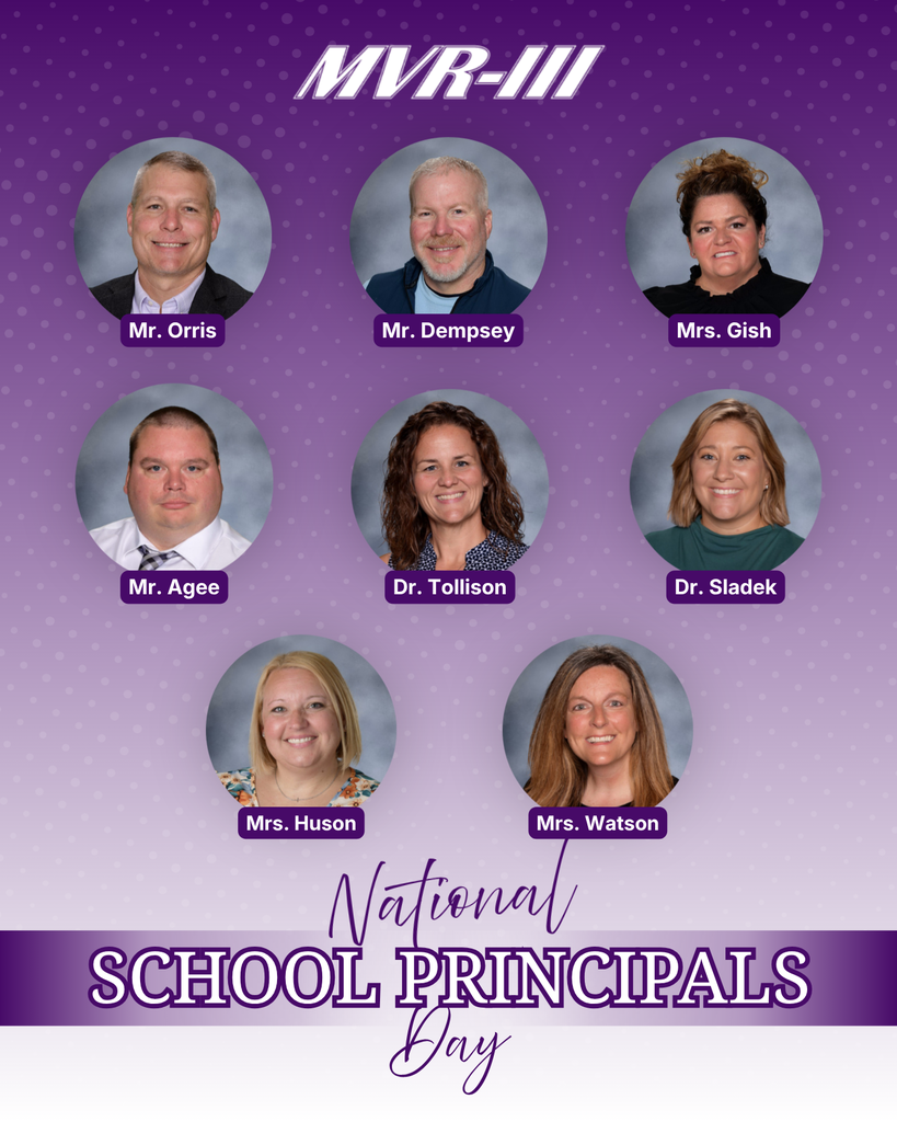 National School Principals Day with various staff photos and MVR-III white logo.