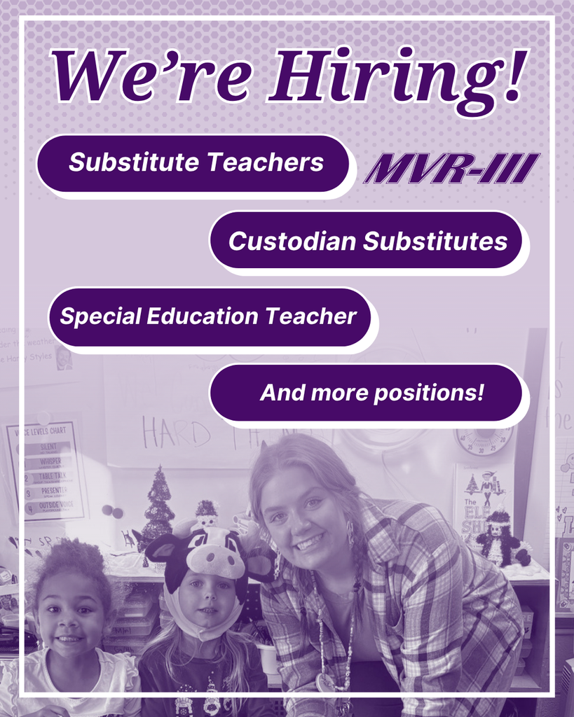 Hiring with purple text listing substitute teacher, custodian, and special education openings above classroom photo.