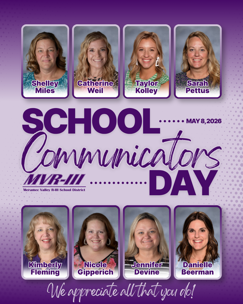 School Communicators Day message for May 8, 2026, featuring eight Meramec Valley R-III School District staff portraits and appreciation text.