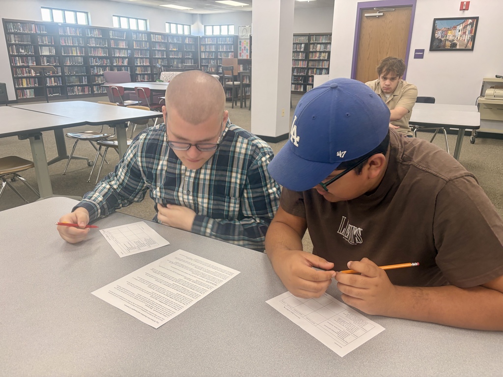 Two students work together in a school library.