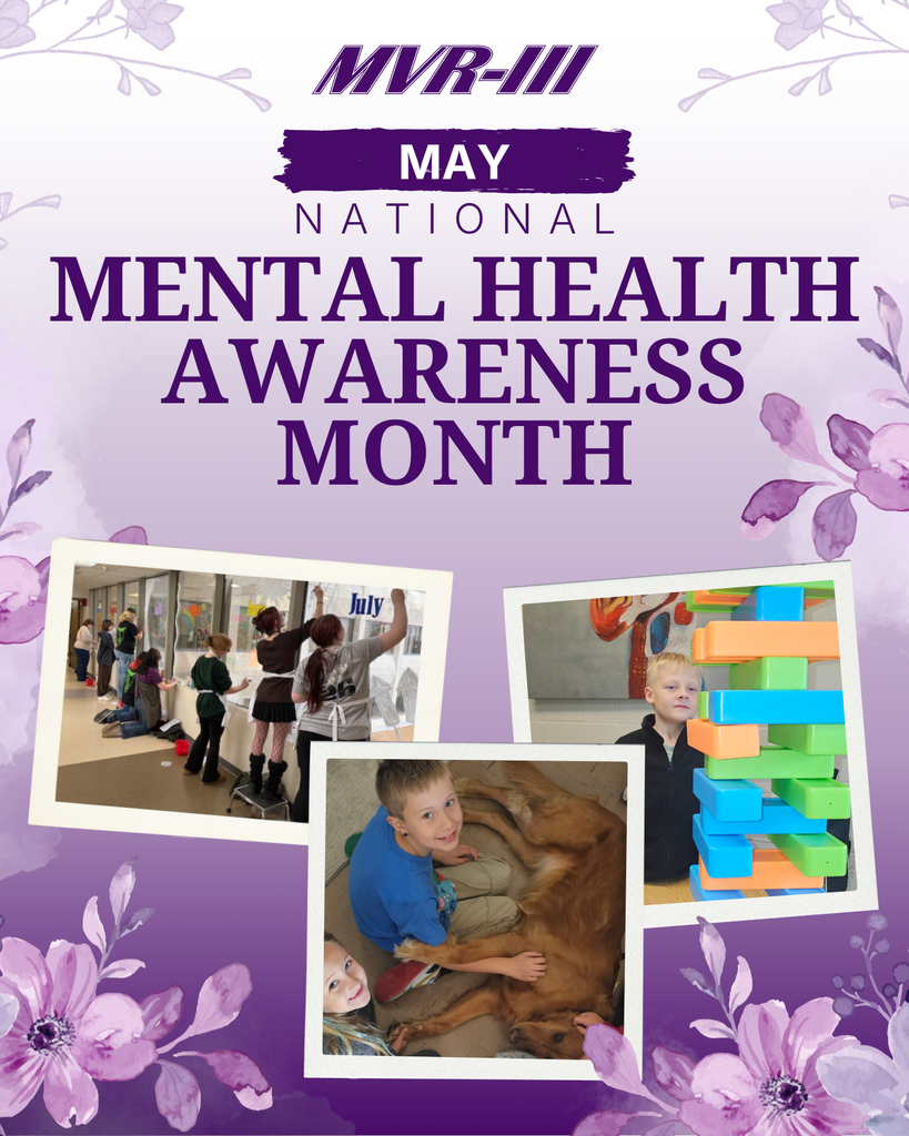 May is National Mental Health Awareness Month with purple flowers and student photos.