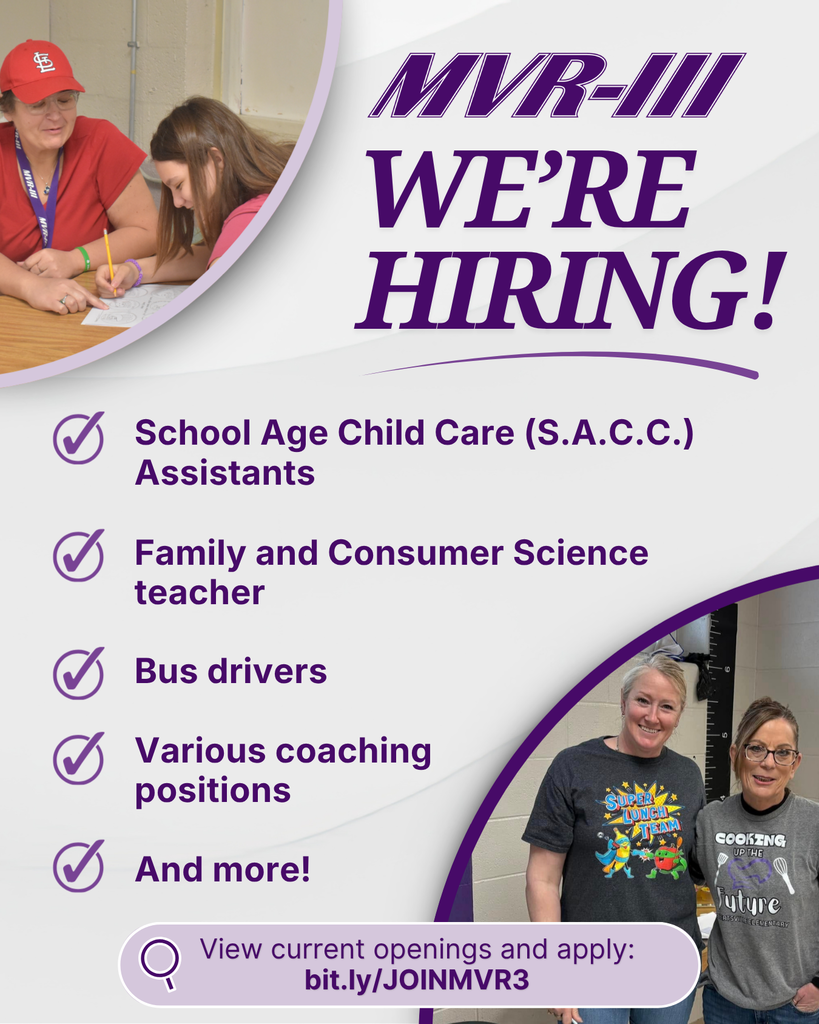 MVR-III hiring announcement listing openings for child care assistants, family and consumer science teacher, bus drivers, coaching positions, and more.