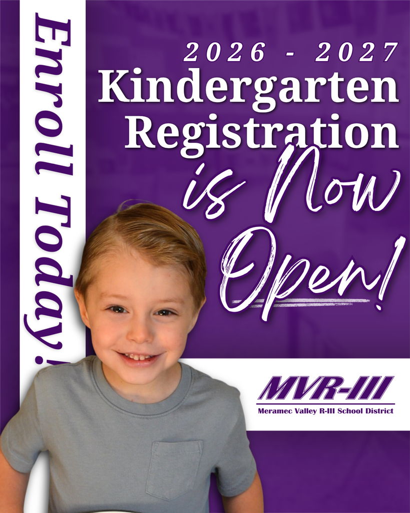 MVR-III announces 2026–2027 kindergarten registration is now open, featuring a smiling young child on a purple background.