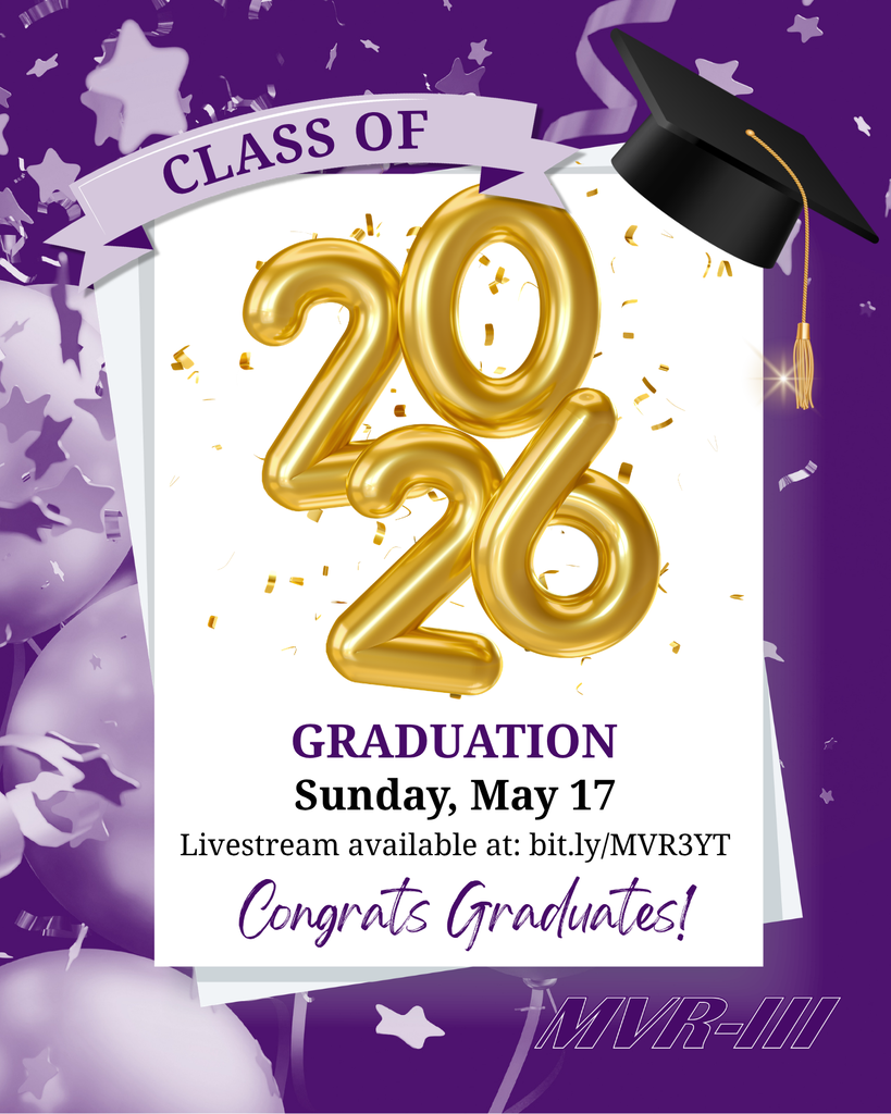Purple graduation announcement for the Class of 2026 featuring gold balloon numbers, a graduation cap, and livestream details.
