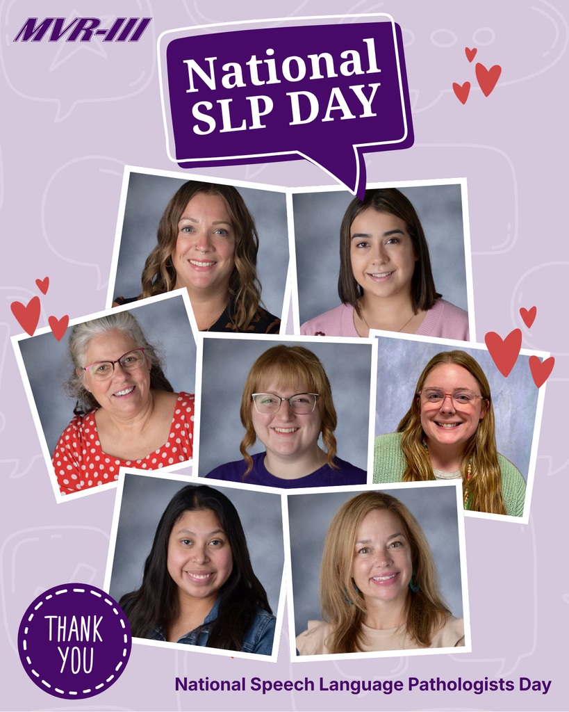 Collage celebrating National Speech Language Pathologists Day with seven staff portraits, purple speech bubble graphic, hearts, and thank-you message.