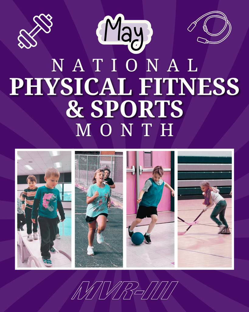 National Physical Fitness and Sports Month featuring children running, balancing, kicking a ball, and playing floor hockey.