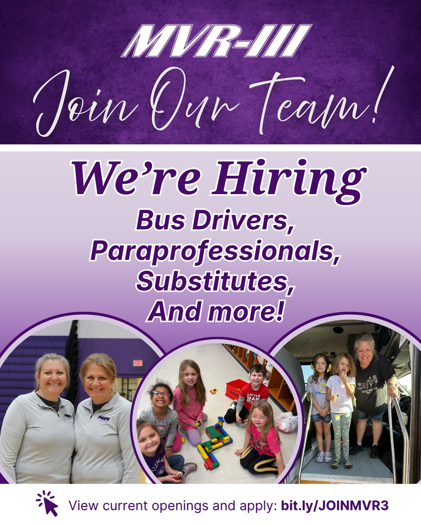 School hiring announcement for bus drivers, paraprofessionals, substitutes, and other positions, with photos of staff and students.