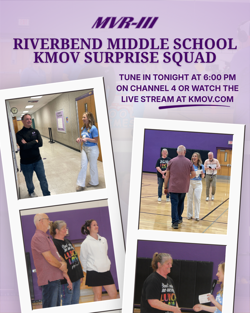 Riverbend Middle School’s KMOV Surprise Squad feature airing at 6 p.m., with event photos and purple branding.