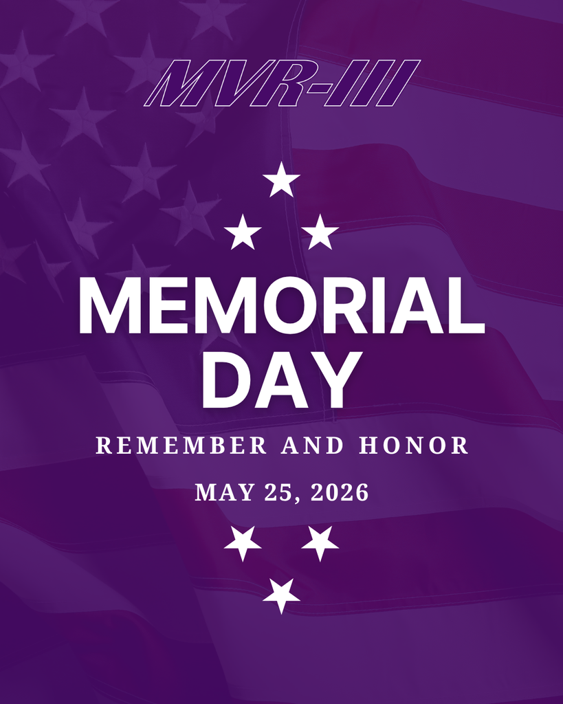 Purple Memorial Day design with white stars and text reading “Remember and Honor” and “May 25, 2026” over a faded American flag background.