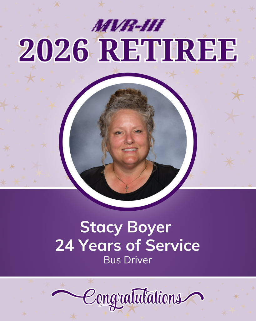 Retirement recognition honoring Stacy Boyer, bus driver, for 24 years of service, with a portrait photo and congratulatory message celebrating a 2026 retiree.