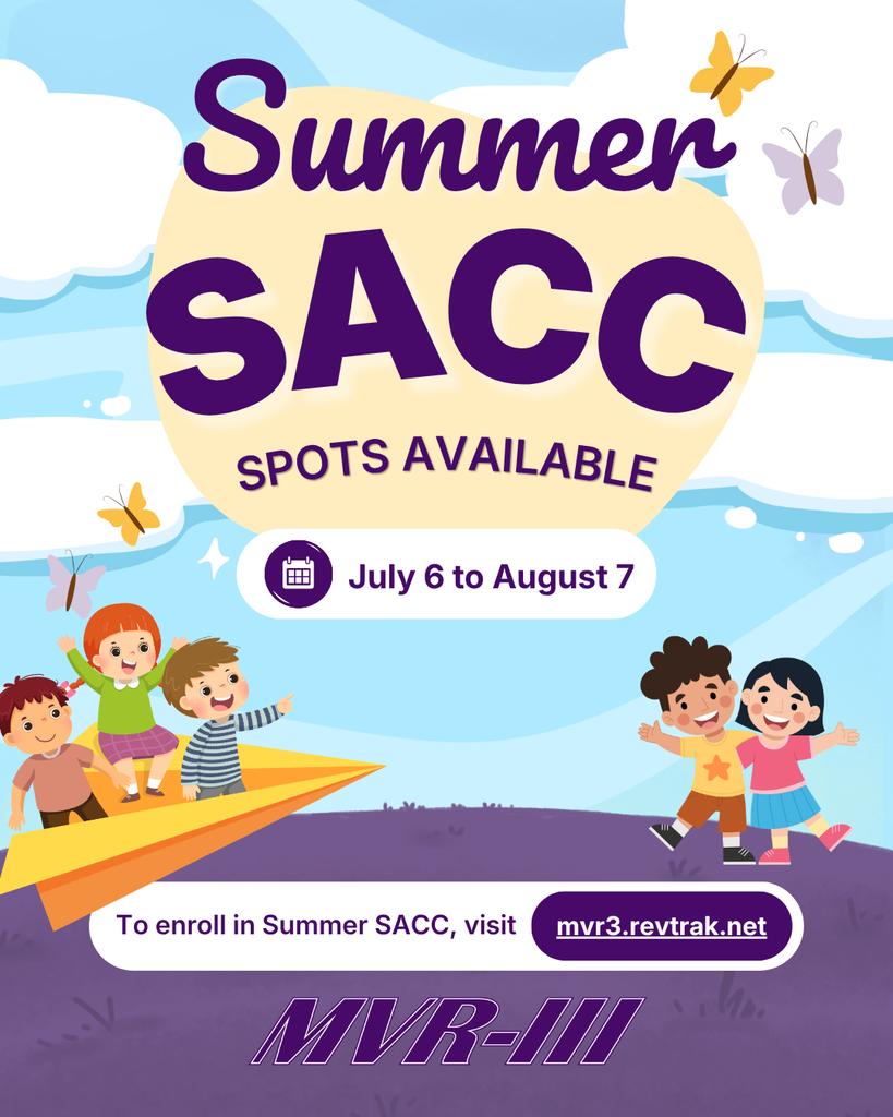 Summer SACC enrollment announcement with illustrated children, butterflies, and clouds. Spots available July 6 through August 7. Visit mvr3.revtrak.net to enroll.