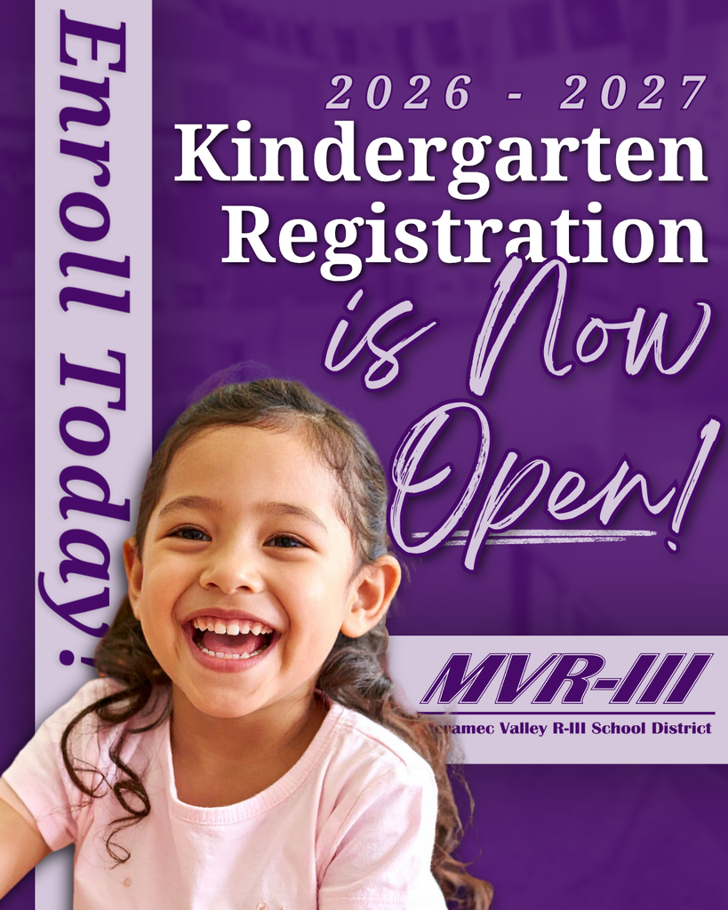 2026-27 Kindergarten Enrollment is now open with young student and purple MVR-III logo.
