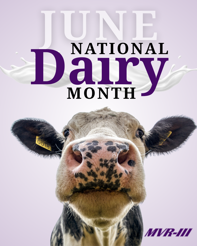 June is National Dairy Month with cow photo.