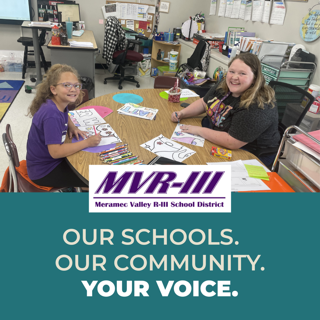 Student and teacher sit at a classroom table coloring posters together. Text reads: “Our Schools. Our Community. Your Voice.”