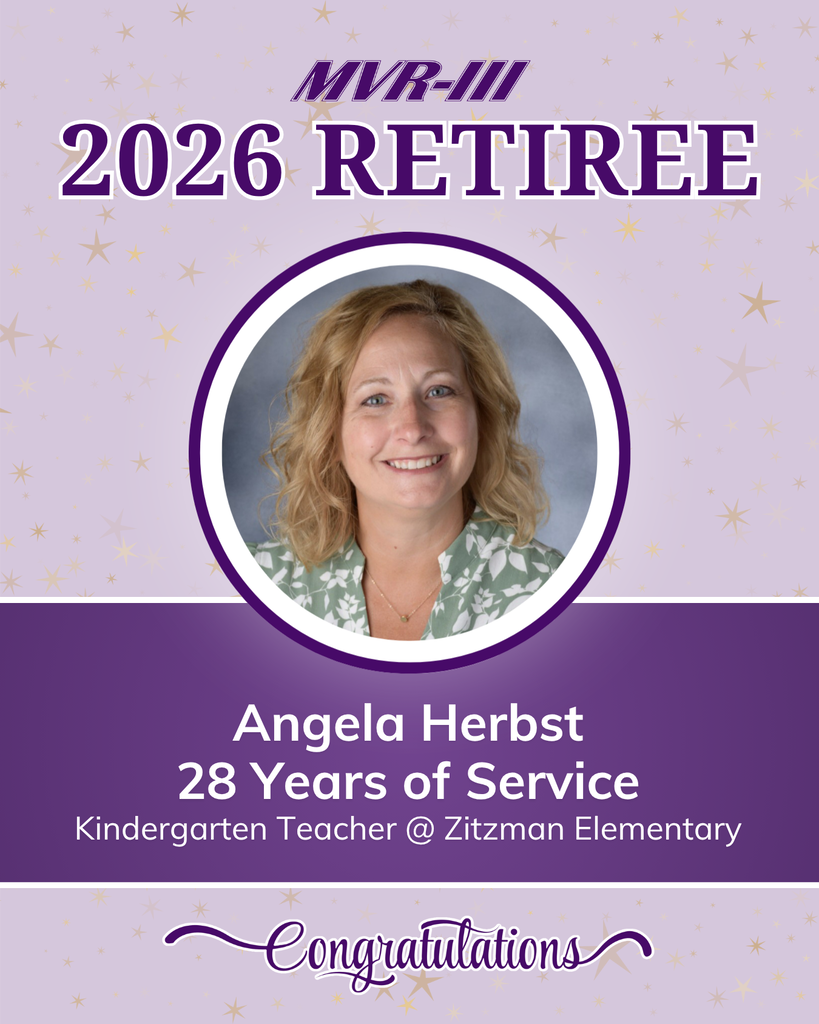 Angela Herbst, kindergarten teacher at Zitzman Elementary, recognized as a 2026 retiree after 28 years of service. Congratulations.