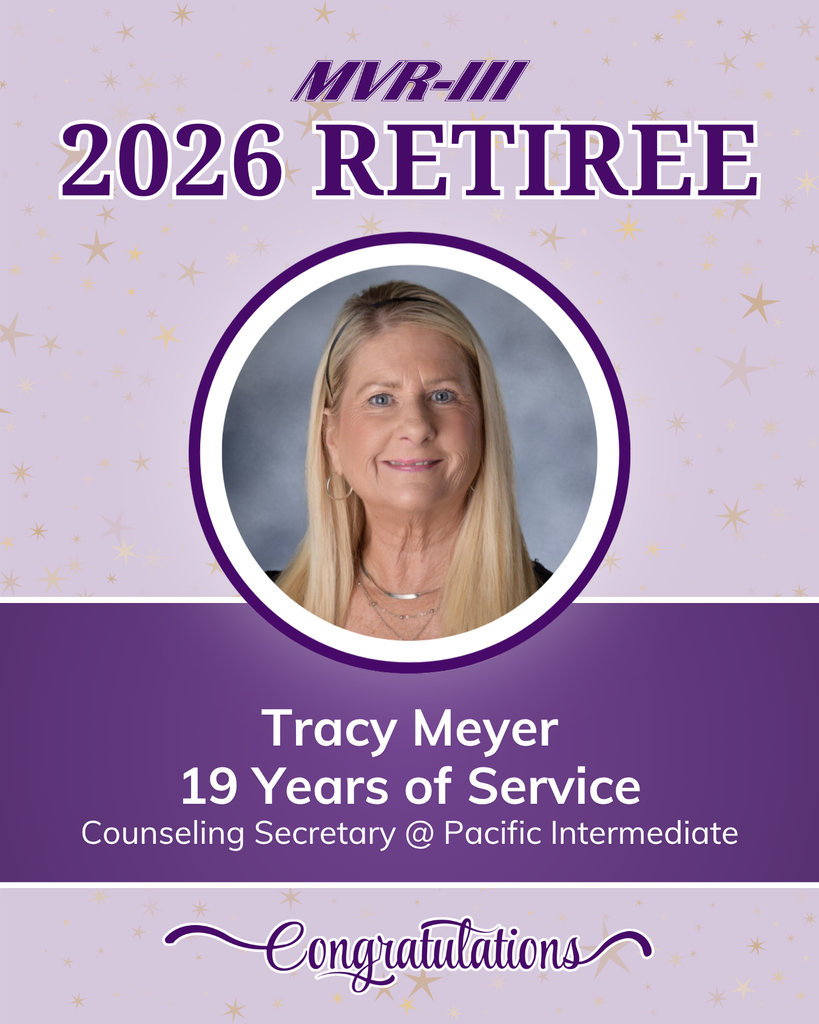 Tracy Meyer, counseling secretary at Pacific Intermediate, recognized as a 2026 retiree after 19 years of service. Congratulations.