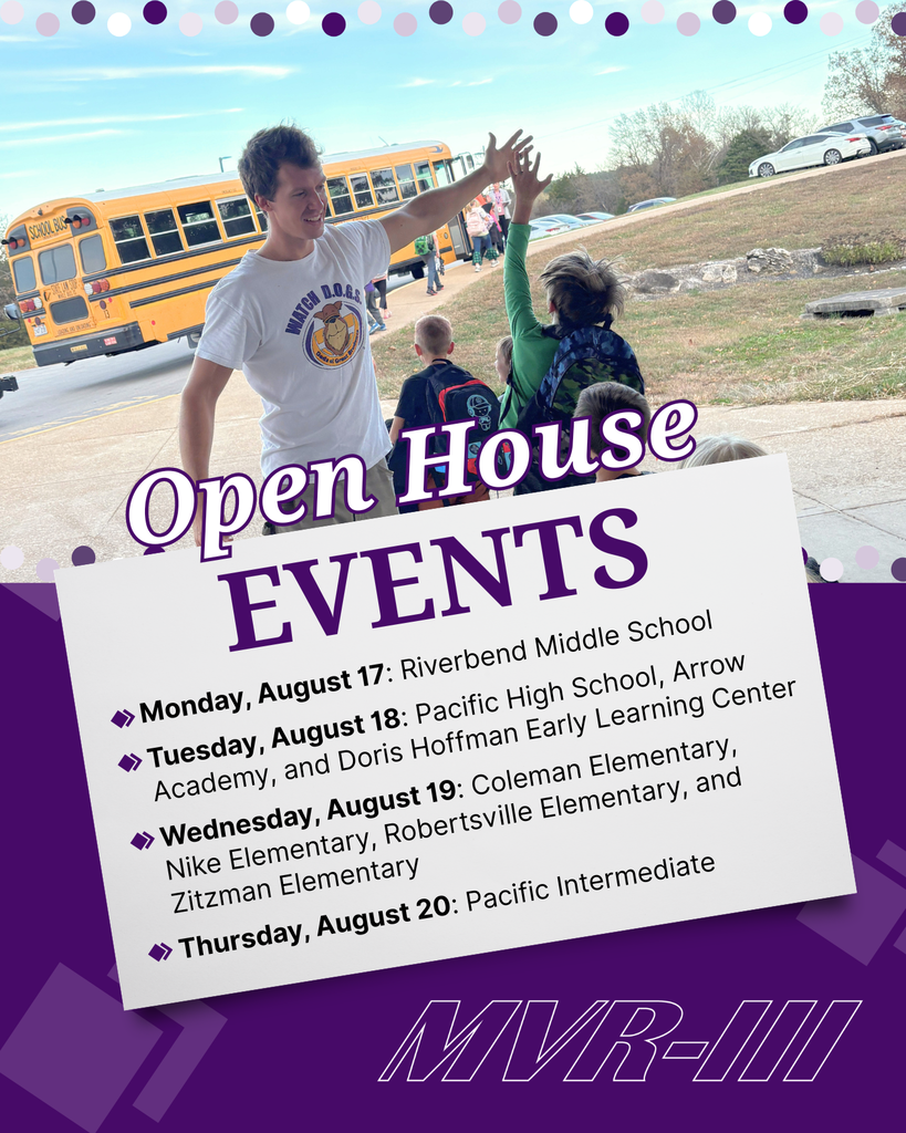 Student greets younger children with a high-five outside a school bus. Open house events are listed for MVR-III schools August 17–20.