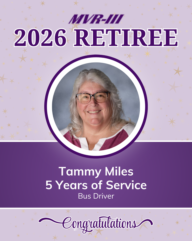 Retirement recognition graphic honoring Tammy Miles, bus driver, for five years of service with MVR-III School District. Features a portrait of Tammy Miles and a congratulatory message.