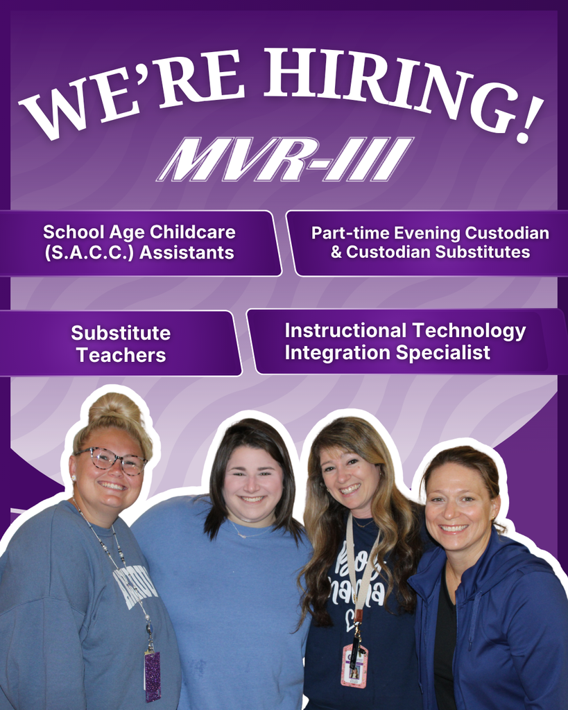 Meramec Valley R-III School District hiring announcement featuring staff members and open positions including school-age childcare assistants, custodians, substitute teachers, and an instructional technology integration specialist.