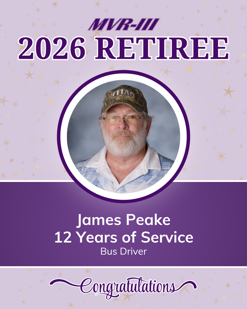 MVR-III honors 2026 retiree James Peake, bus driver, for 12 years of service. Portrait shown with a congratulatory message.