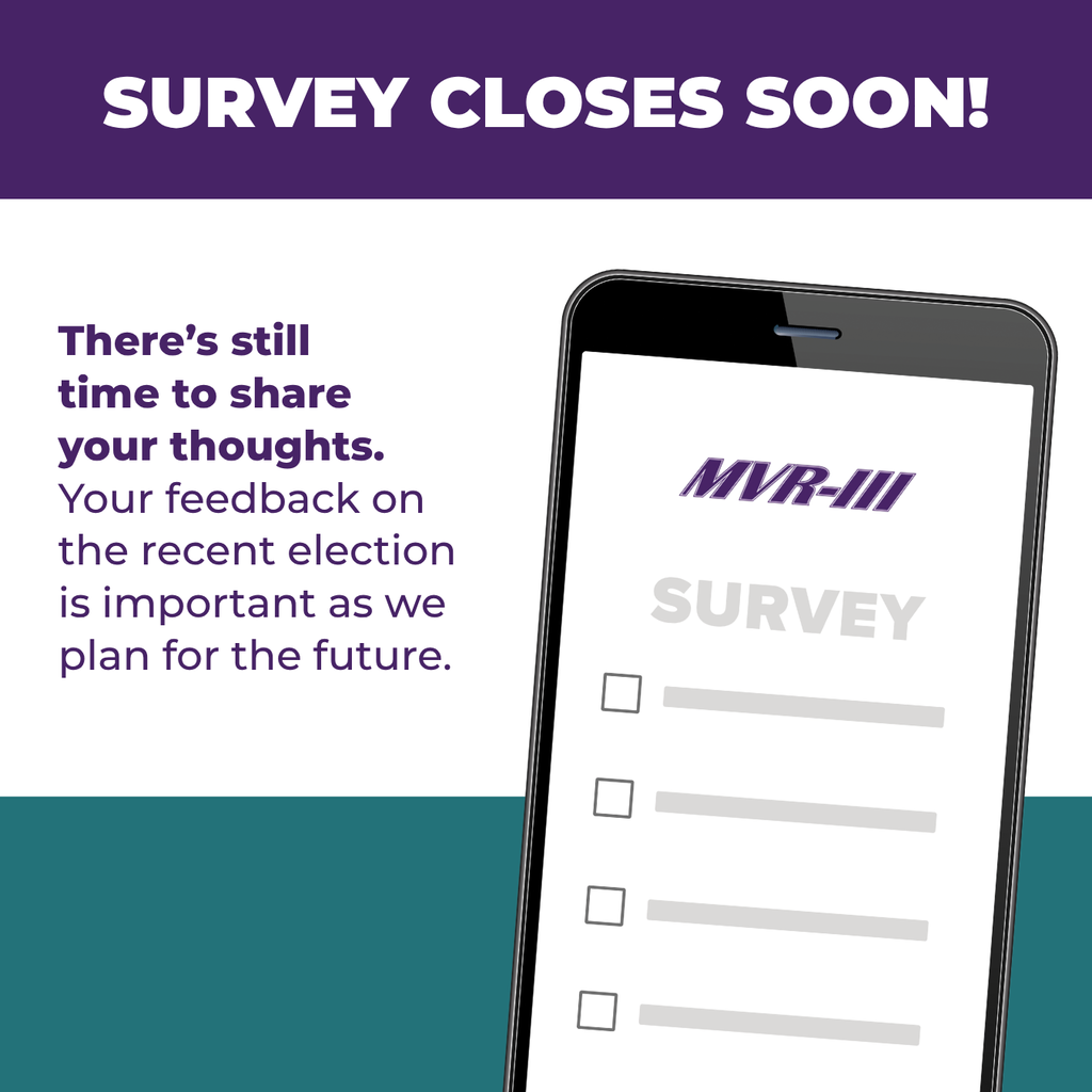 MVR-III survey reminder with a smartphone displaying a questionnaire. Text encourages community members to share feedback on the recent election before the survey closes.