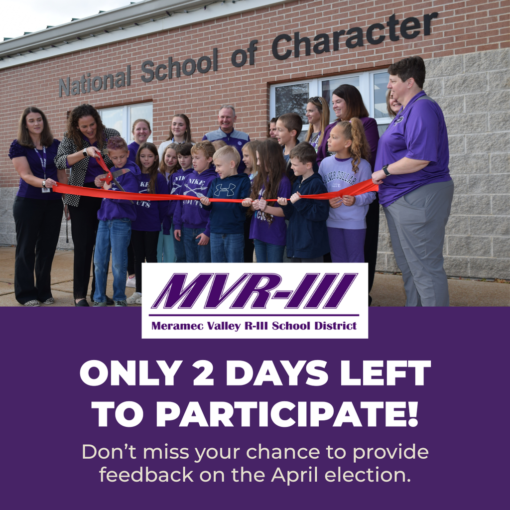 Students and staff participate in a ribbon-cutting ceremony outside a National School of Character campus. Text reads: “Only 2 days left to participate! Don’t miss your chance to provide feedback on the April election.”