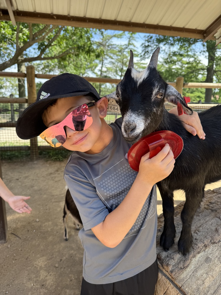 Student wearing reflective sunglasses smiles while gently hugging a small black-and-white goat in a petting zoo enclosure.