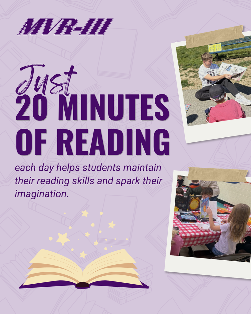 MVR-III reading reminder encouraging students to read 20 minutes daily, featuring photos of students reading and sharing books.