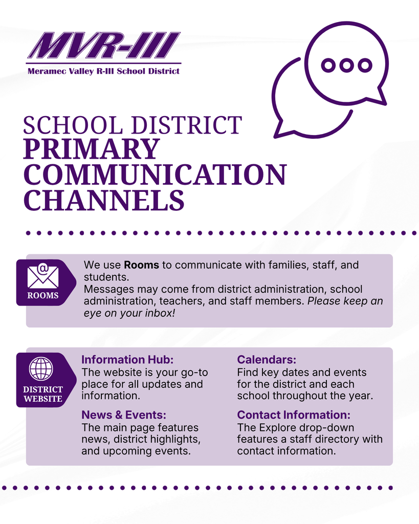 Meramec Valley R-III School District graphic outlining primary communication channels, including Rooms messages and the district website for updates, calendars, news, events, and staff contact information.