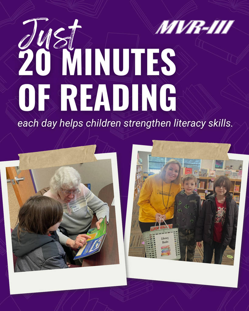 Read for just 20 minutes each day to help children strengthen literacy skills, featuring a volunteer reading with a student and students selecting library books.