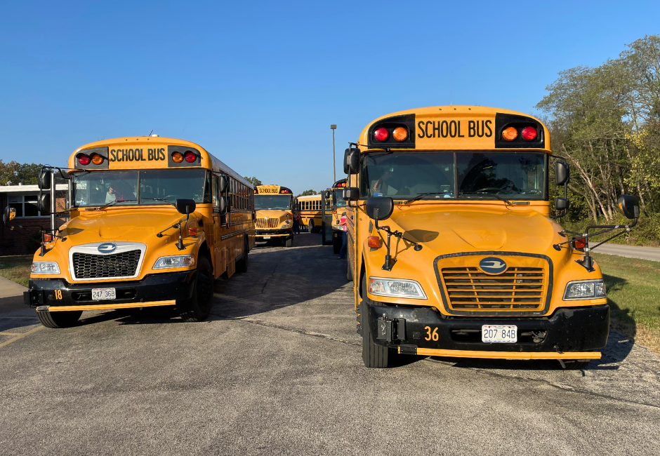 Two school bus lines outdoors.
