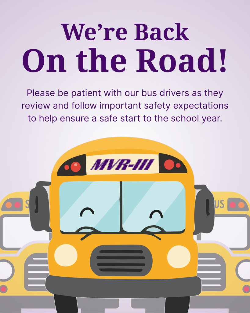 We're back on the road title with school bus icons.